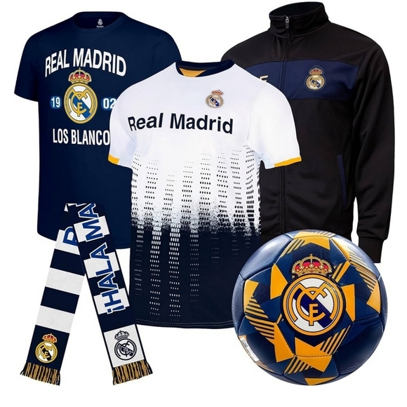 NIB Fan Pack REAL MADRID Football Soccer Club Gift Set Tshirt Jacket Scarf Ball
